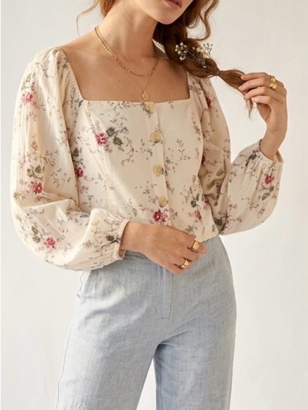 AE American Eagle Floral Square Neck Crop Blouse XL Cottagecore Balloon Sleeve